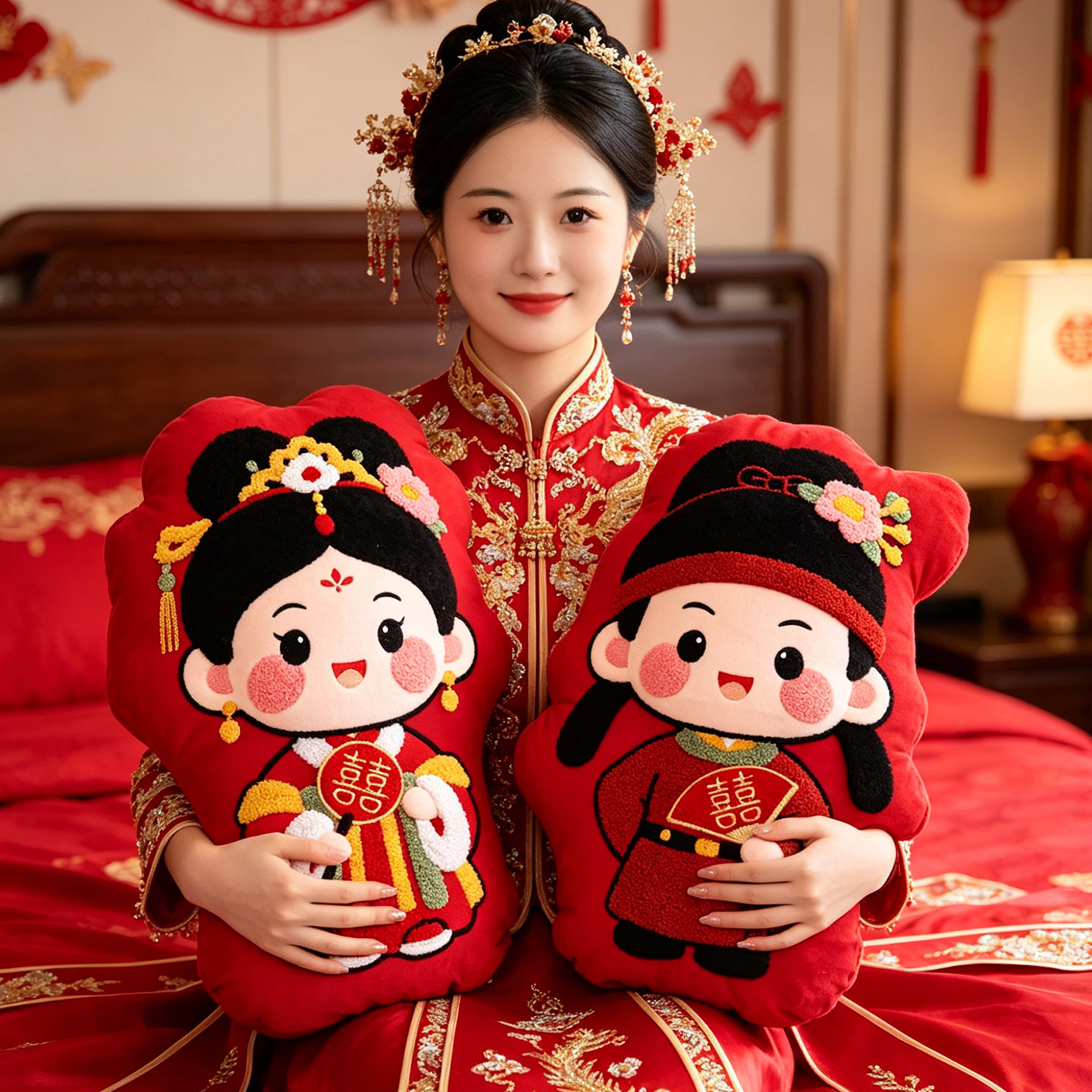 压床娃娃一对结婚新款高档婚礼红色喜字抱枕婚庆公仔可爱金童玉女