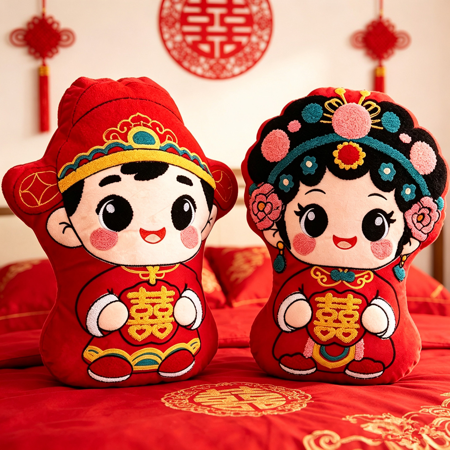 压床娃娃一对结婚新款高档婚礼红色喜字抱枕婚庆公仔可爱金童玉女