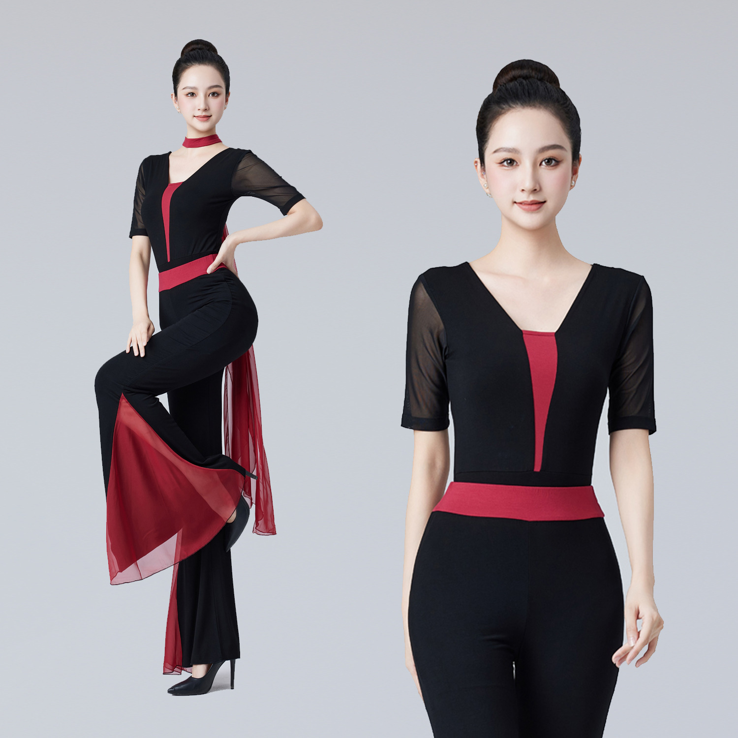 酒红色深V拼色纱袖形体服舞蹈服走秀模特芭蕾练功培训礼仪莫尔