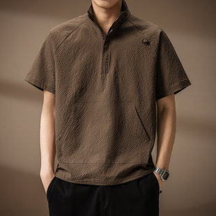 2026新夏季男士舒适休闲立领T恤泡泡纱半拉链短袖polo衫冰丝薄款