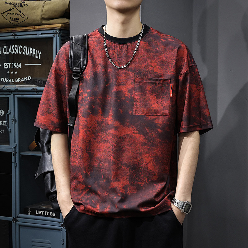 潮牌男装夏季薄款印花圆领短袖T恤新款扎染速干宽松宽松型五分袖