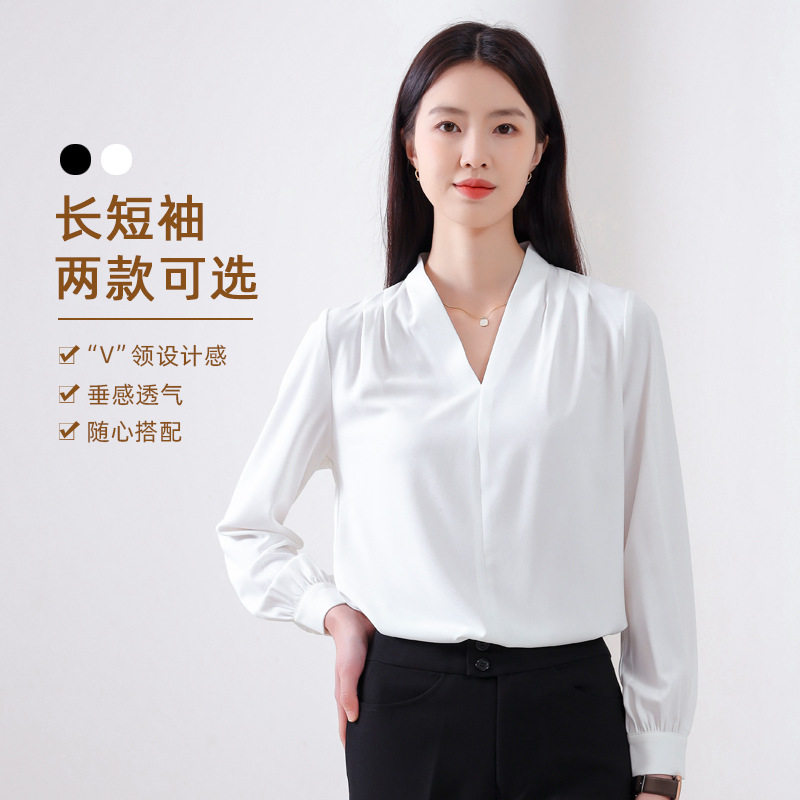 雪纺衬衫女新款高级感大码女装白色长袖上衣垂感通勤黑色女士衬衣