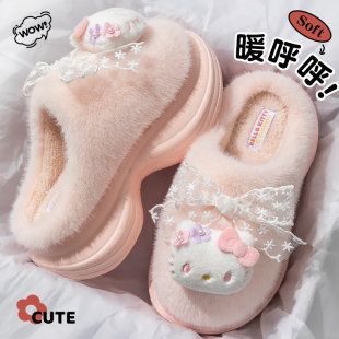 外穿2025新款 秋冬季 毛毛绒保暖厚底防滑棉拖女 女款 Kitty猫棉拖鞋