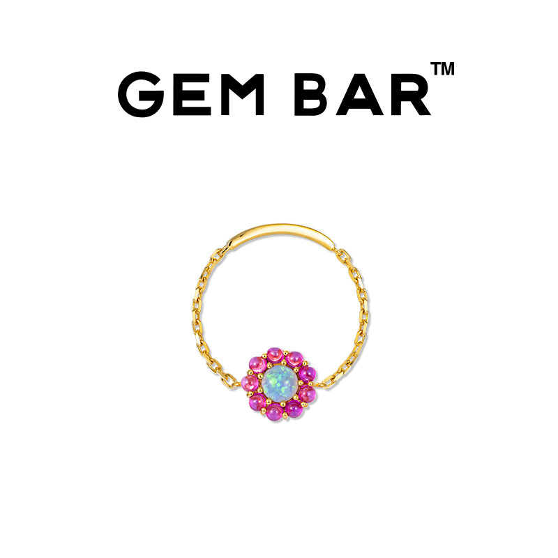 JCJ时装珠宝GEMBAR 9K金圆形合成红宝石欧泊小花软链戒指