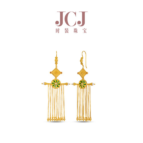 JCJ时装珠宝艺术派系列925银米拉绿色森林珐琅琉璃石珍珠流苏耳饰