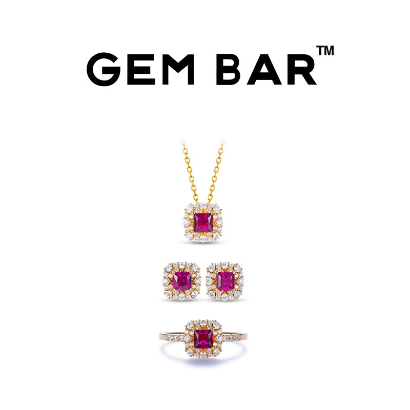 JCJ时装珠宝GEMBAR 9K金公主方合成红宝石戒指耳饰项链
