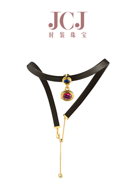JCJ时装珠宝HighJewelPlay925银复古合成红蓝宝石黑色皮choker