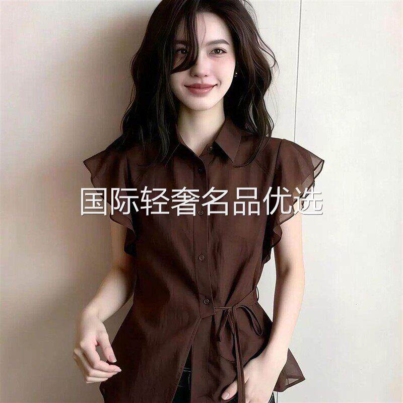 /路途女装高端冰棉设计感短袖衬衫夏季女收腰绑带荷叶边气质上衣