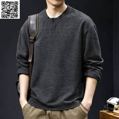 MR.MUDI/穆迪先生横纹肌理休闲亨利领长袖T恤男秋季简约百搭上衣