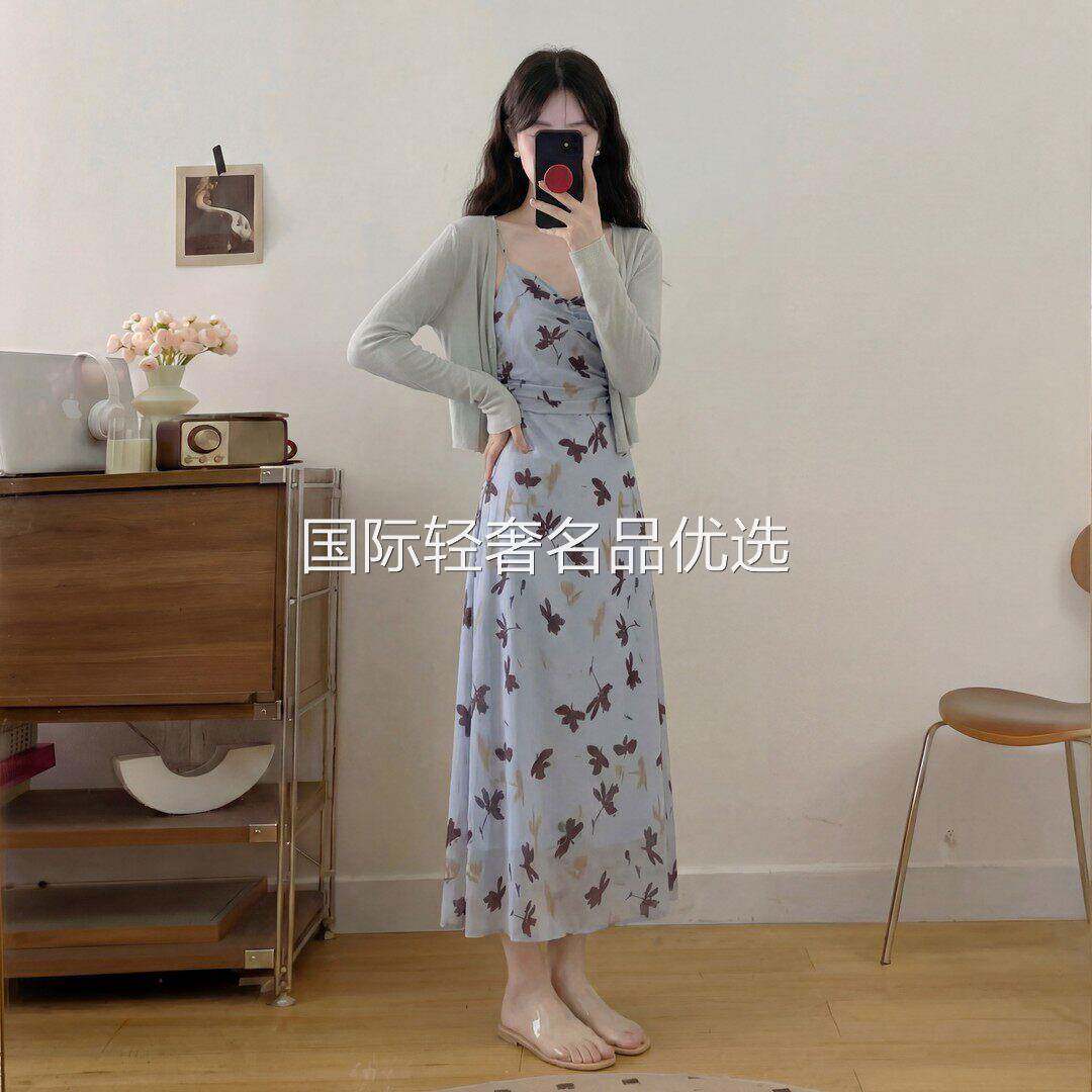 兜爱微大码女装工厂店胖mm法式温柔收腰显瘦吊带防晒开衫洋装长裙