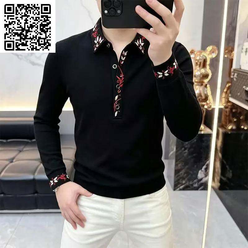 牧恒服饰红漾绣边2026新款秋冬季男士撞色长袖衬衫商务休闲POLO衫