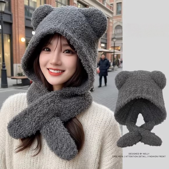 小熊耳朵毛绒帽子围脖一体女秋冬季大头围保暖防寒骑行护耳雷锋帽