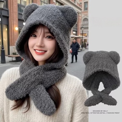 小熊耳朵毛绒帽子围脖一体女秋冬季大头围保暖防寒骑行护耳雷锋帽
