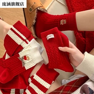 本命年袜子女秋冬款 新年好运大红袜可爱卡通圣诞节红色中筒袜长袜