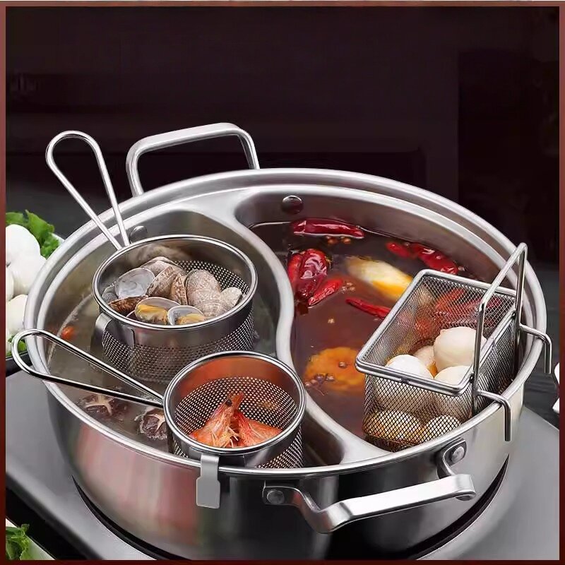 锅家用煎炸蒸煮炖烤肉一体锅鸳鸯锅火锅电磁炉专用不锈钢锅具