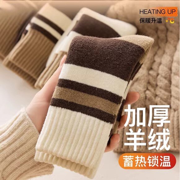 咖色羊绒袜子女秋冬款加绒加厚保暖中筒袜超厚条纹毛绒袜居家睡眠