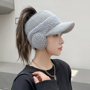 冬天针织帽子女加绒保暖秋冬骑车护耳帽空顶耳套扎马尾跑步毛线帽