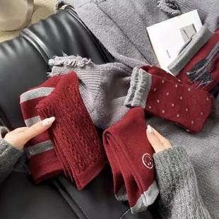 安可拉红袜子女款 秋冬波点中筒袜韩系ins潮堆堆袜可爱猫咪长袜秋