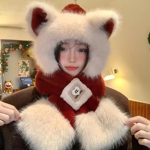可爱狐狸耳朵毛绒帽子围巾一体女冬季保暖防寒护耳帽显脸小防风帽,服饰配件/皮带/帽子/围巾,二件套,淘宝优惠券,粉丝福利购,淘宝优惠卷