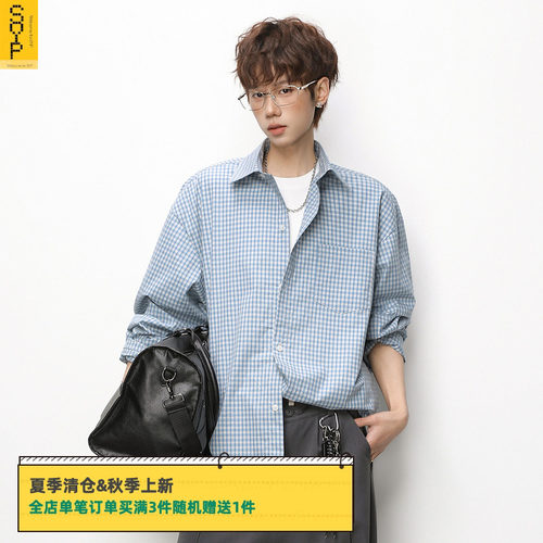 日系miu系男生春秋格子长袖衬衫