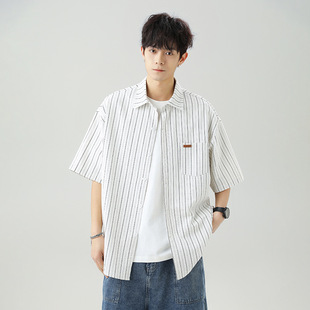 SYP日系不系男夏季肌理感微皱撞色条纹短袖衬衫宽松休闲翻领衬衣