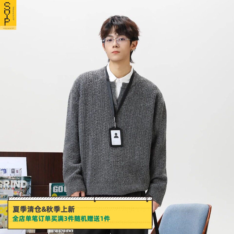 SYP日系不系男生春秋立体绞花肌理复古宽松重磅小v领毛衣针织衫