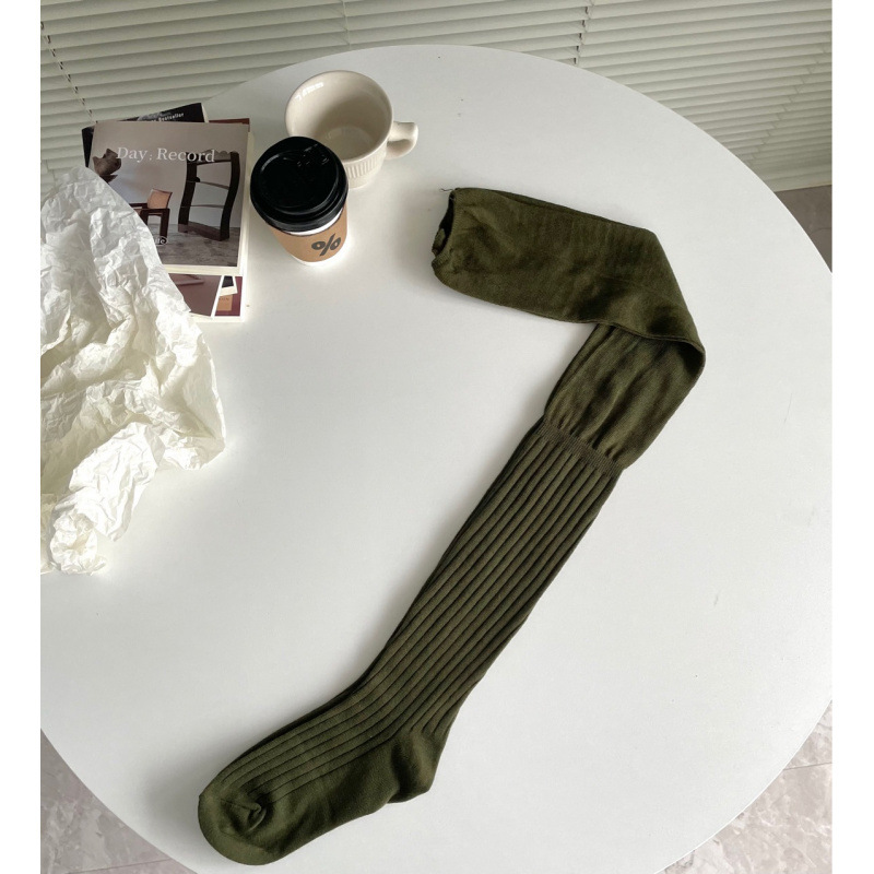 秋冬温柔米白色长筒袜高筒袜白色大腿袜拼接过膝袜女条纹堆堆袜子