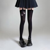 天鹅绒丝袜小奶狗爪印花吊带长筒袜可爱卡通袜子猫爪学院风过膝袜