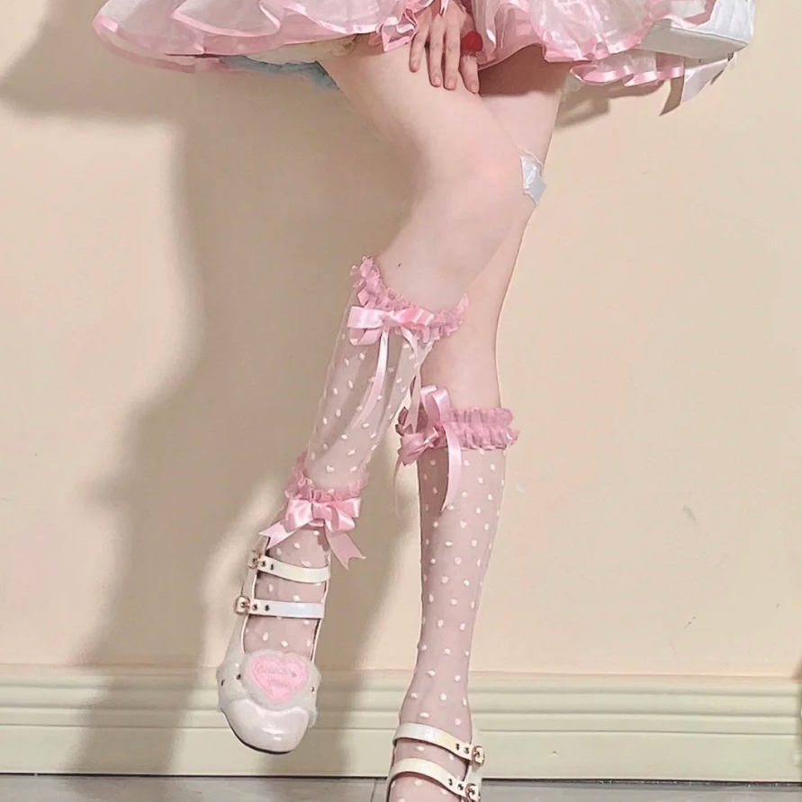 Lolita蕾丝花边蝴蝶结洛丽塔千禧辣妹中筒小腿jk袜子女夏秋季薄款