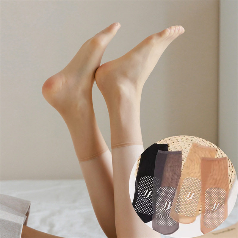 超薄脚尖透明无痕玻璃丝中筒水晶袜防滑点胶肉色短袜丝袜