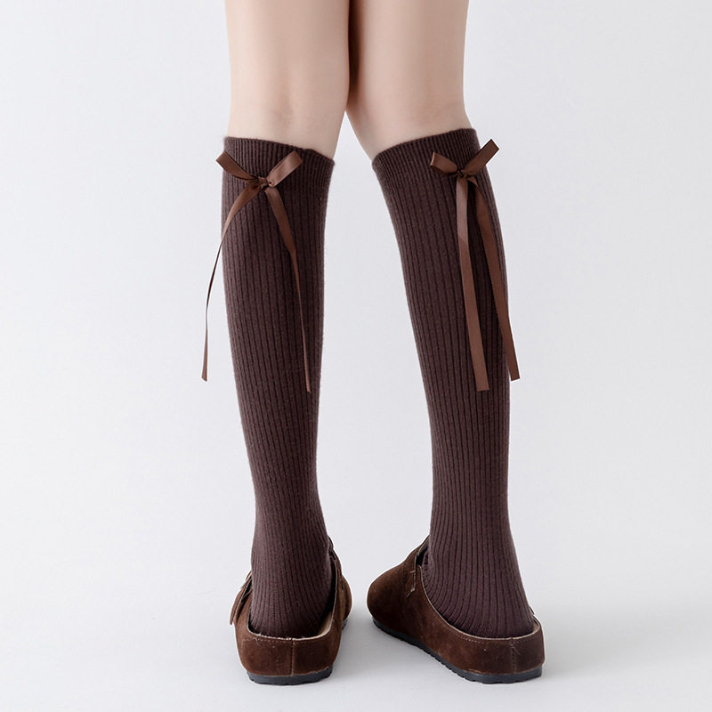 秋冬羊绒小腿袜女蝴蝶结飘带及膝加厚保暖搭配靴子显瘦百搭长筒袜