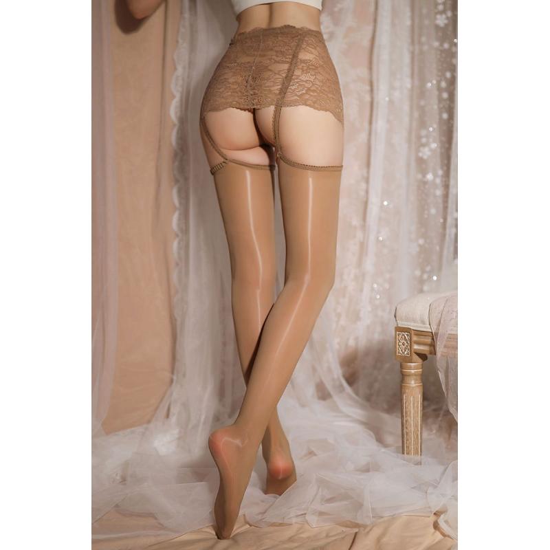 吊带丝袜性感女过膝蕾丝一体式包臀裙长筒油光红黑色丝袜开档大码