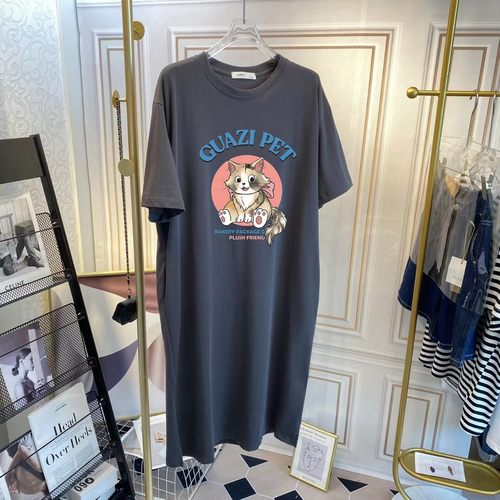 连衣裙女夏2025新款慵懒风中长款过膝裙宽松显瘦纯棉短袖T恤裙子