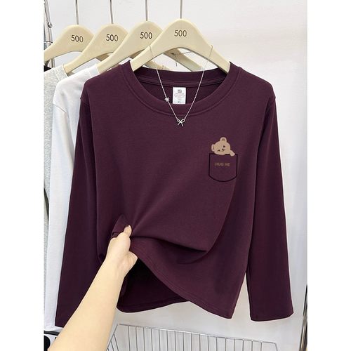 小熊印花长袖T恤女正肩圆领上衣春秋时尚宽松显瘦内搭打底衫纯棉