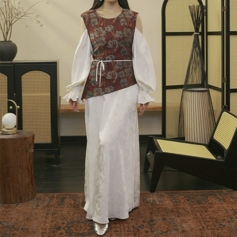 三吉【花满溪】新中式国风提花假两件连衣裙子今年流行长裙潮