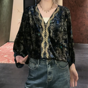 三吉黑花【海棠枝】新中式人丝绒扎染衬衫女高端小资小上衣外套潮