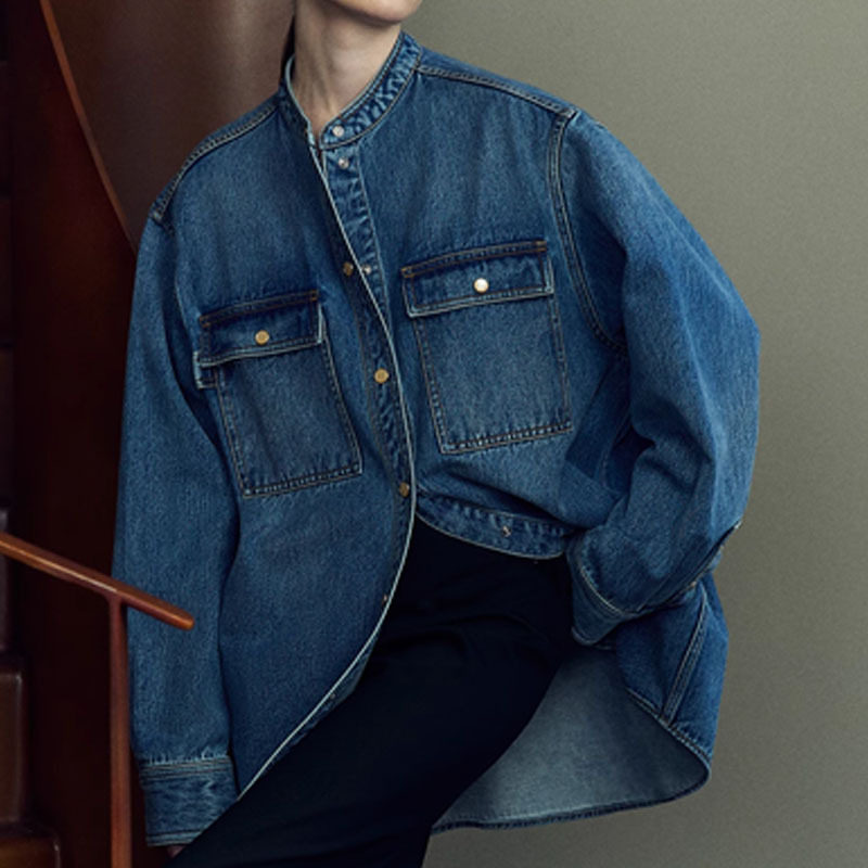 开间/日本进口原厂琉璃猫眼晶石时髦复古小立领廓形牛仔外套女秋