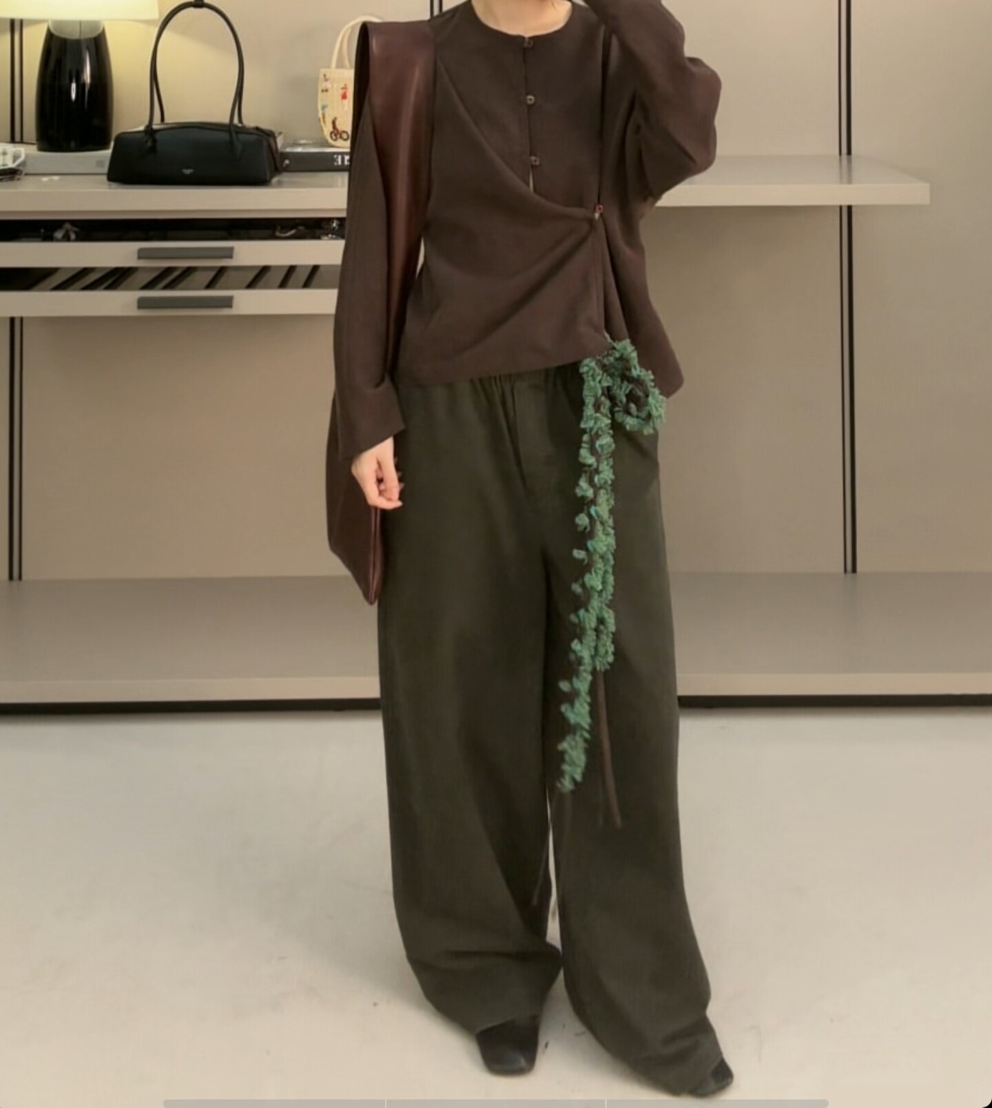 sage 苔藓灰绿&榛果深棕双色水洗松紧抽绳裤子