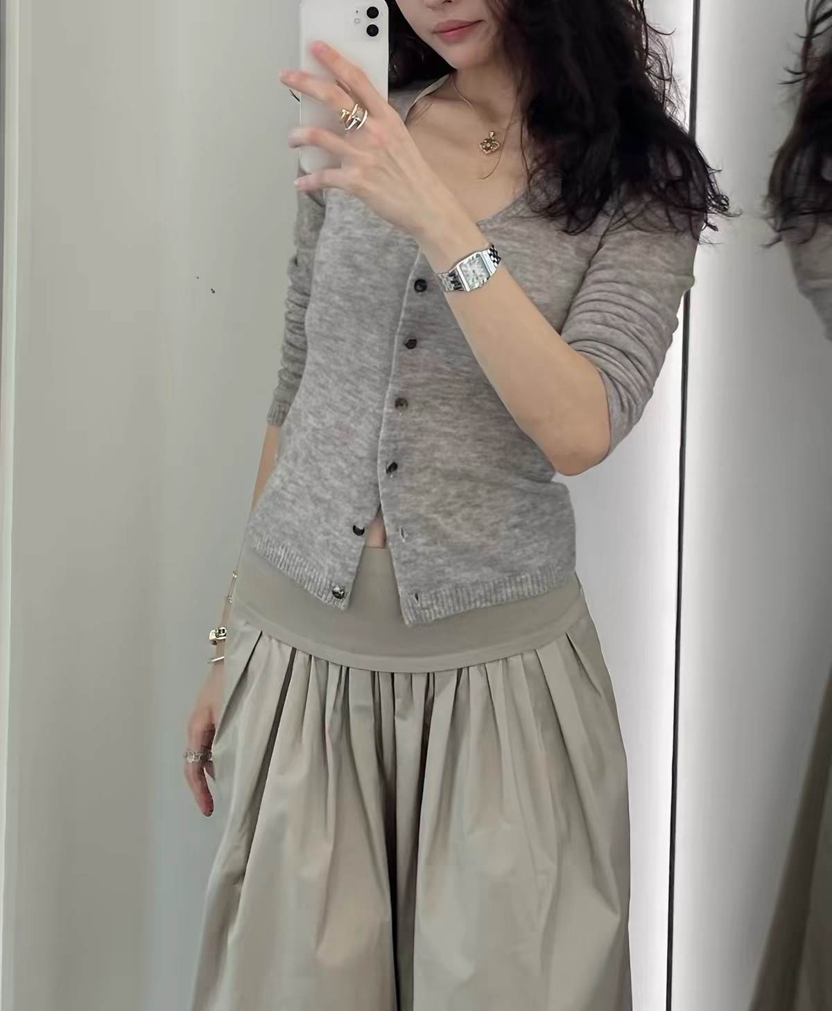 RA“薄雾”羊绒真丝混纺U领收腰针织开衫