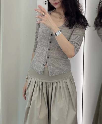 RA“薄雾”羊绒真丝混纺U领收腰针织开衫