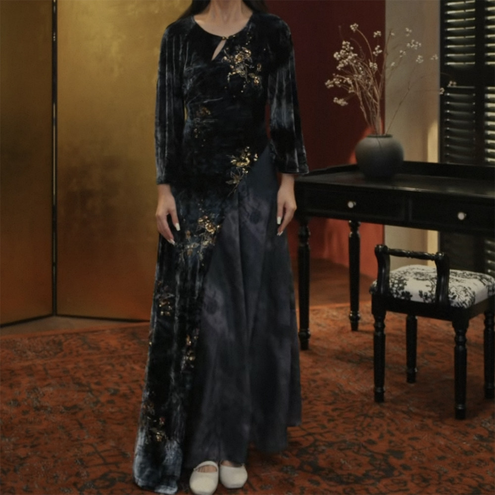 三吉黑花【朝夕】新中式丝绒连衣裙子秋季长袖巨好看国风旗袍长裙
