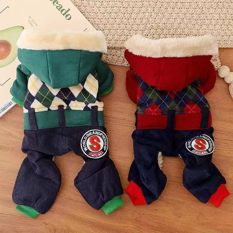秋冬加厚小狗衣服休闲格子四脚衣泰迪比熊博美中小型犬居家保暖衣