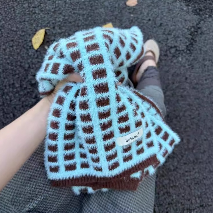 蓝色围巾女秋冬季仿羊绒保暖围脖护颈高级感格子披肩外搭2025新款