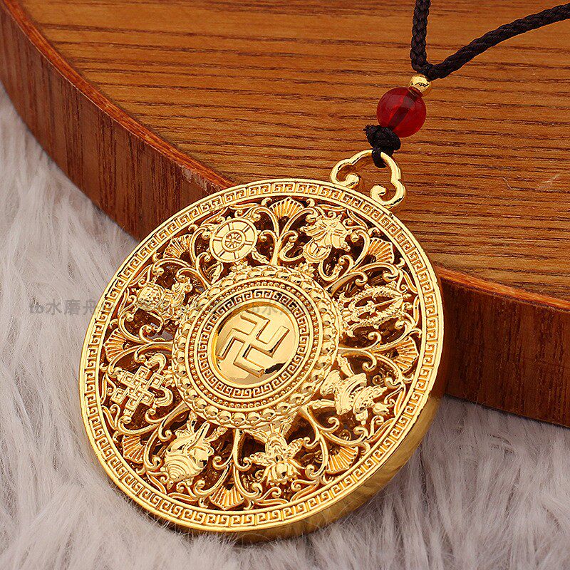 藏风纯铜镀金八宝罗盘项链仿真金镂空八吉祥万福字牌吊坠国潮挂件