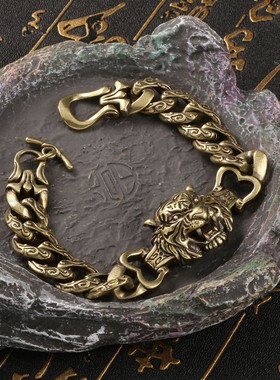 纯黄铜虎头手链男古风文玩手串