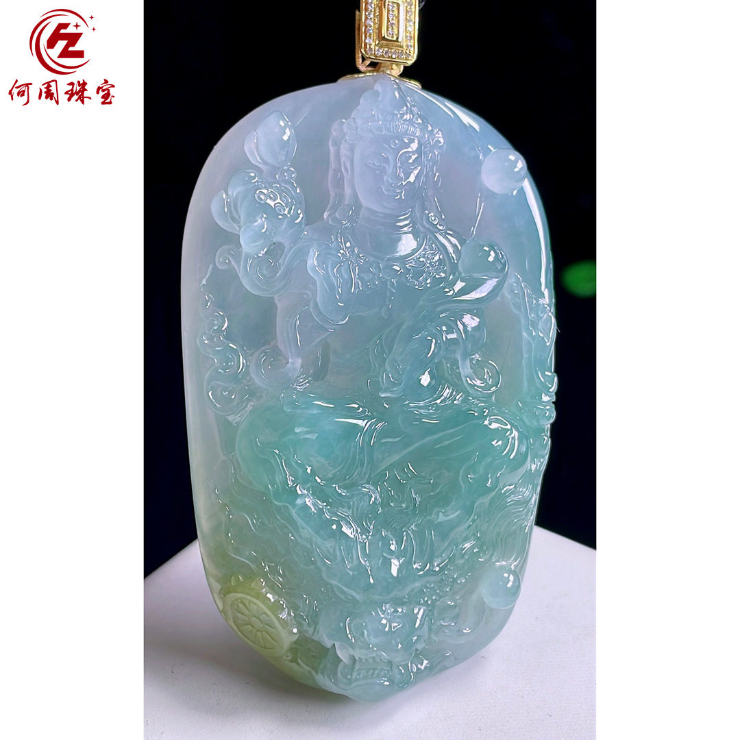 何周珠宝 缅甸天然A货玉石翡翠 18k金镶嵌冰种天空蓝祥龙观音吊坠
