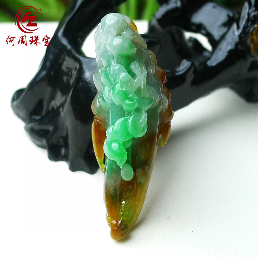 何周珠宝 缅甸天然A货翡翠玉石孤品 老坑冰种三彩黄加绿蟹钳吊坠
