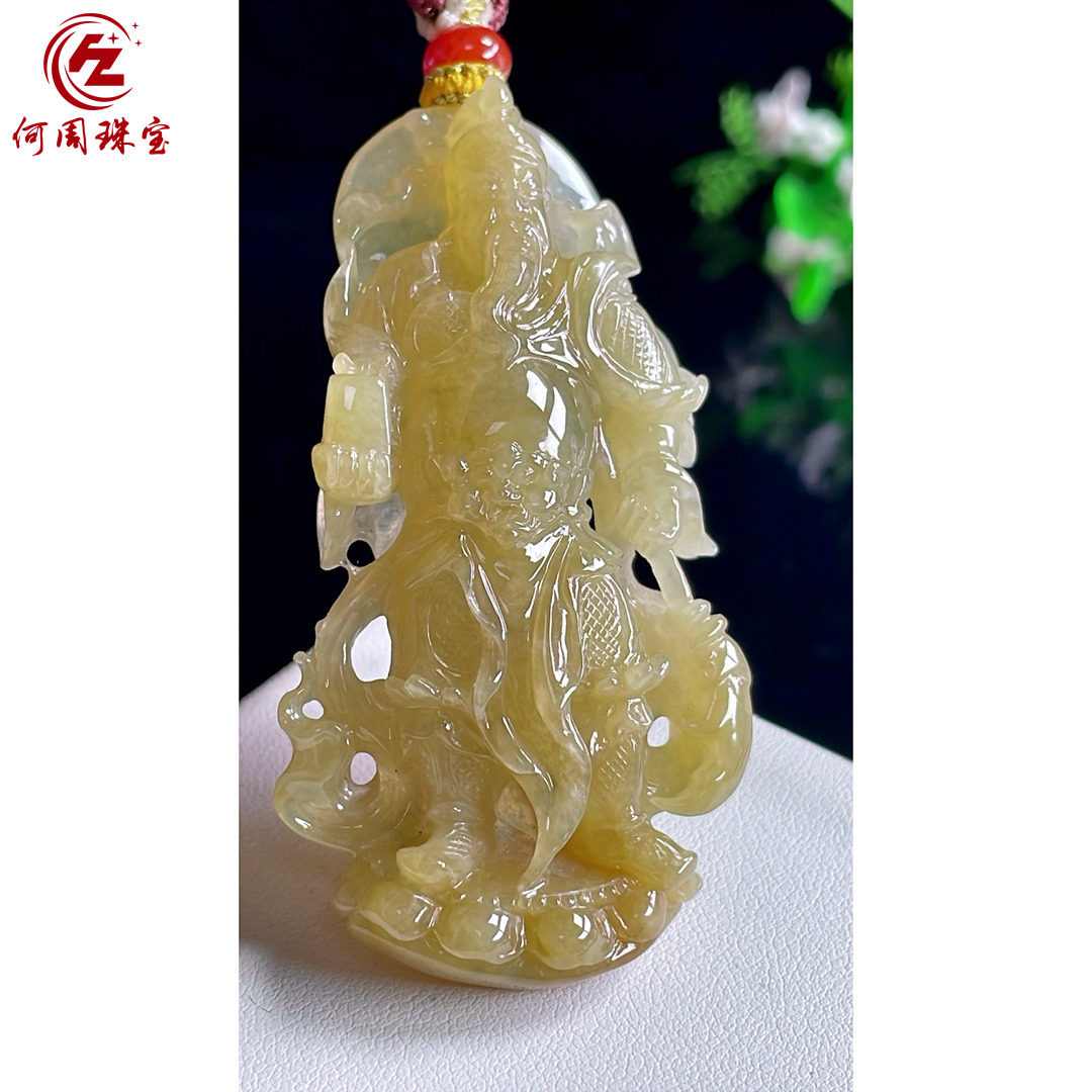何周珠宝 缅甸天然A货翡翠玉石孤品 精雕老坑冰种黄翡关公吊坠