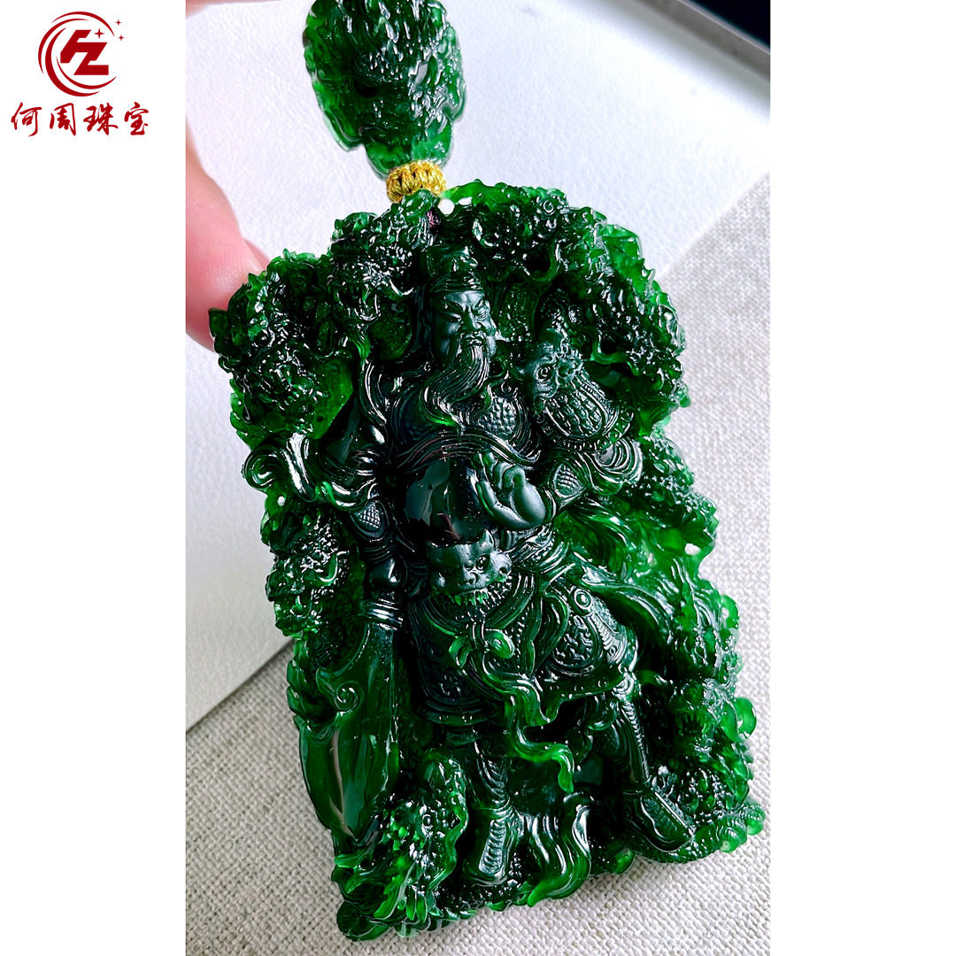 何周珠宝 缅甸天然A货翡翠玉石孤品 精雕老坑冰墨翠九龙关公吊坠