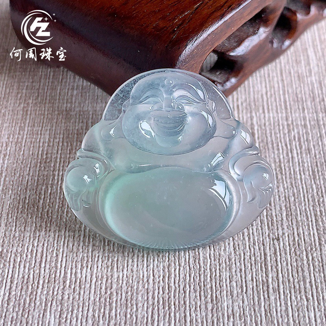 何周珠宝 缅甸天然A货玉石翡翠 老坑玻璃种起荧光天空蓝佛公吊坠